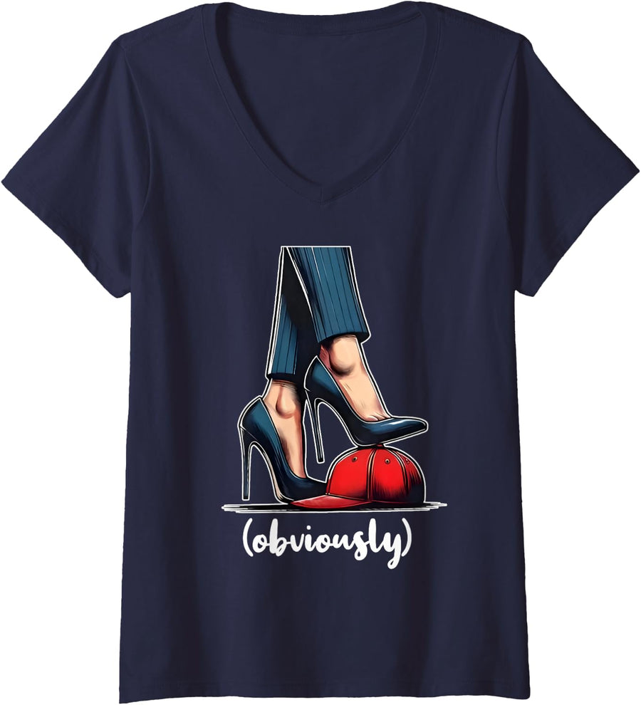 Women's Harris Obviously for President 2024 Kamala High Heels Funny V-Neck T-Shirt - Navy Blue