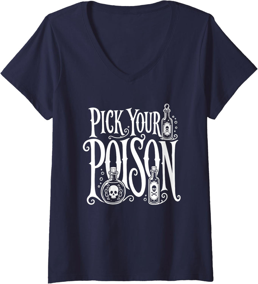 Women's Pick Your Poison Adult Halloween V-Neck T-Shirt - Navy Blue