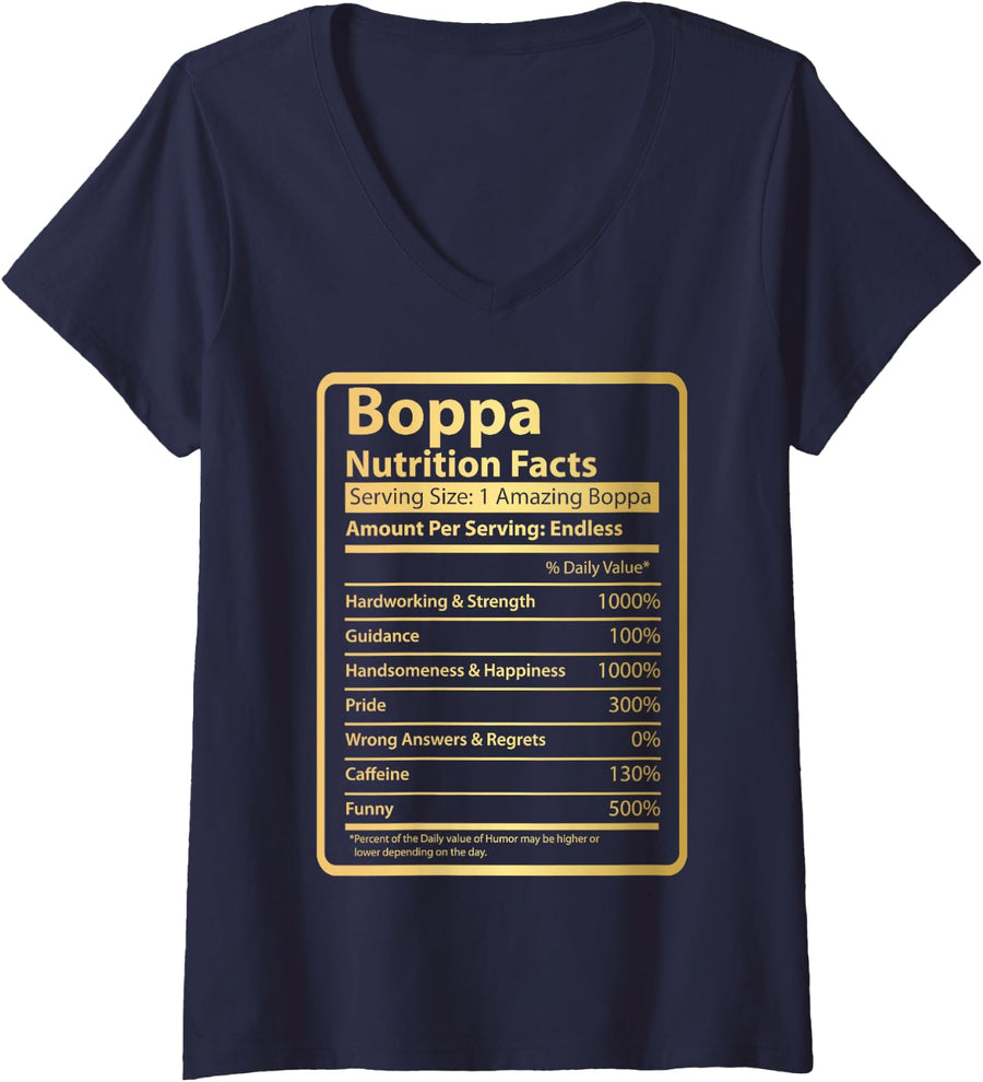 Women's Boppa Nutrition Facts Funny Fathers Day for Boppa V-Neck T-Shirt - Navy Blue