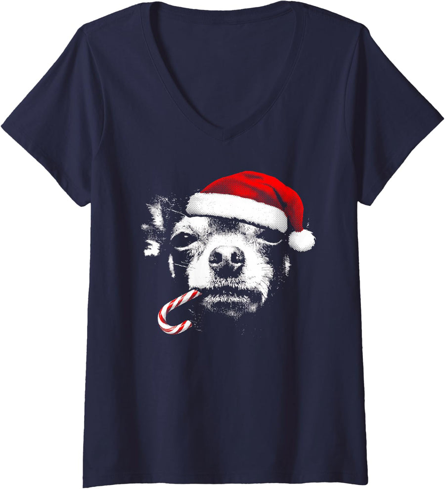 Women's Funny Santa Chihuahua Dog Candy Cane Christmas Dog Lover V-Neck T-Shirt - Navy Blue