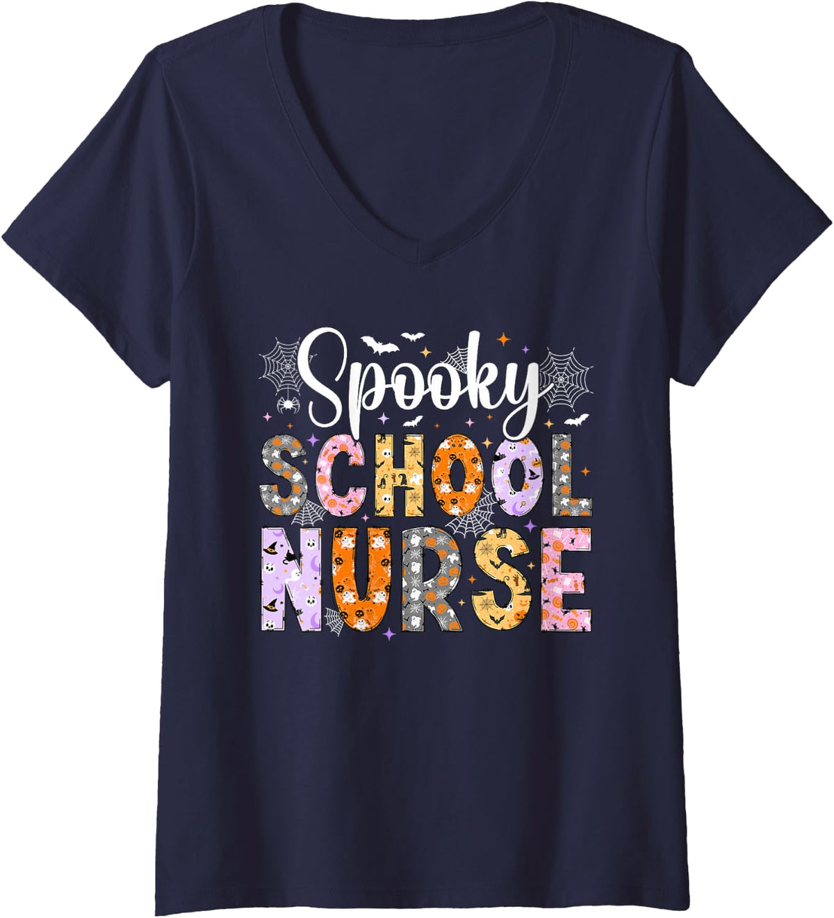 Women's Spooky School Nurse Halloween School Nursing V-Neck T-Shirt - Navy Blue