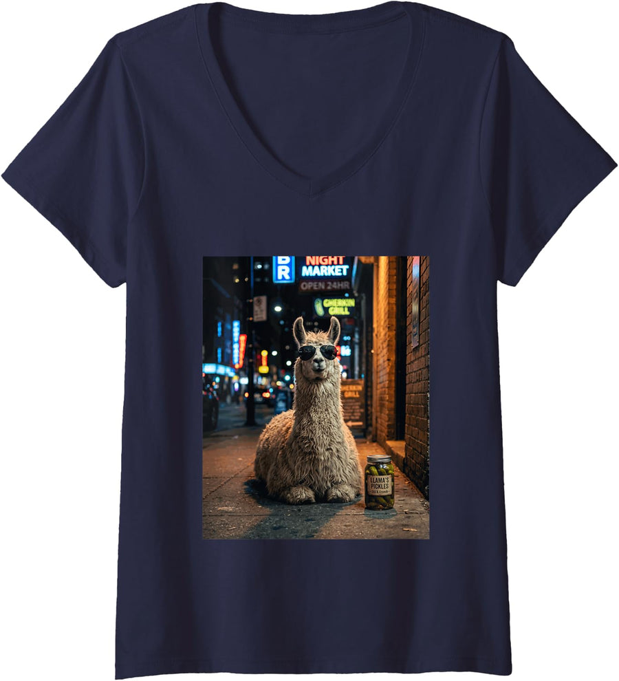 Women's Funny Llama Eating Pickles Meme Men Women V-Neck T-Shirt - Navy Blue