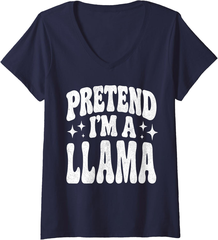 Women's Pretend I'm A Llama Costume Family Group Lazy Halloween V-Neck T-Shirt - Navy Blue