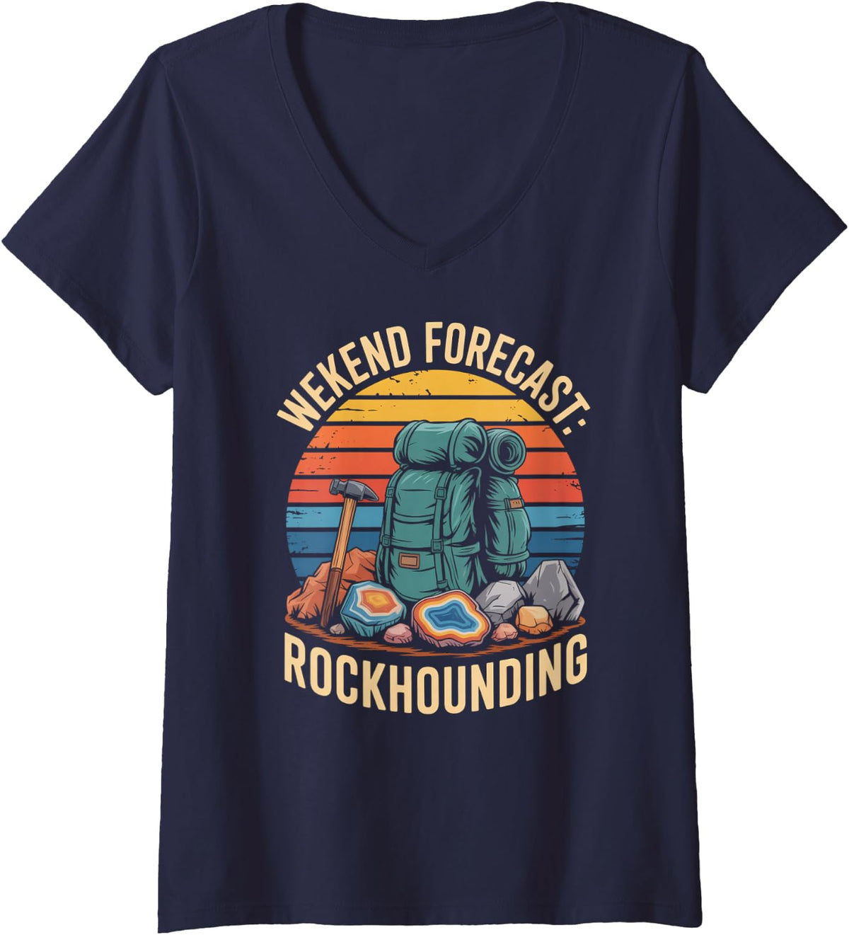 Women's Weekend Forecast Rockhounding Hiking Geology V-Neck T-Shirt - Navy Blue