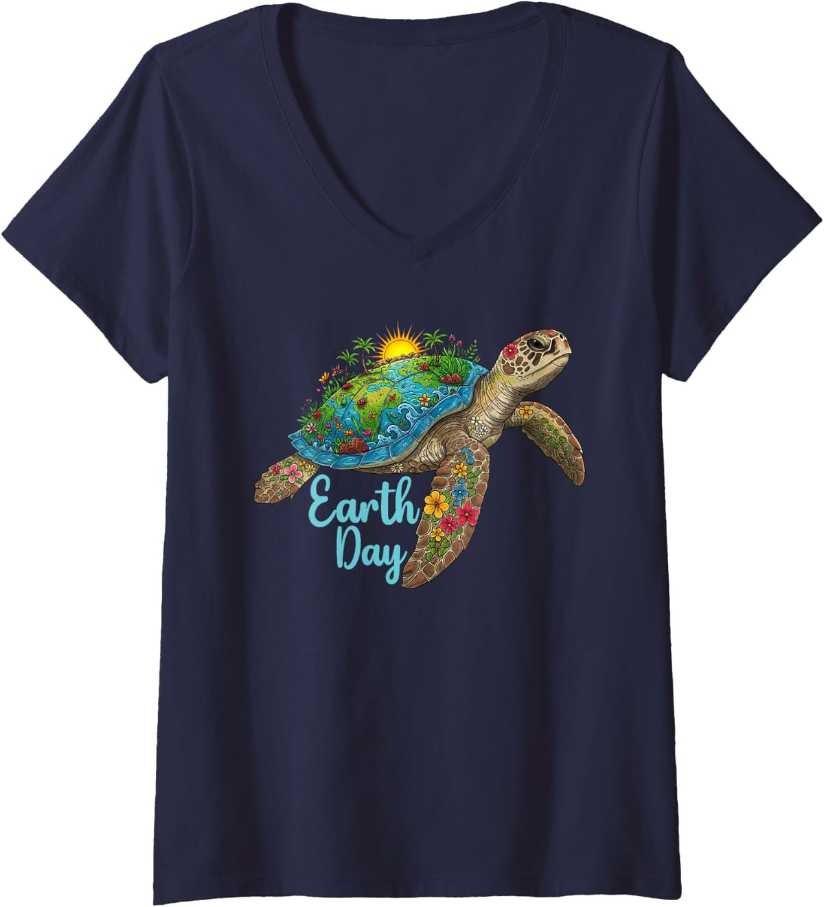 Womens Sea Turtle Earth Day Save The Earth Planet Women Men V-Neck T-Shirt - Navy Blue