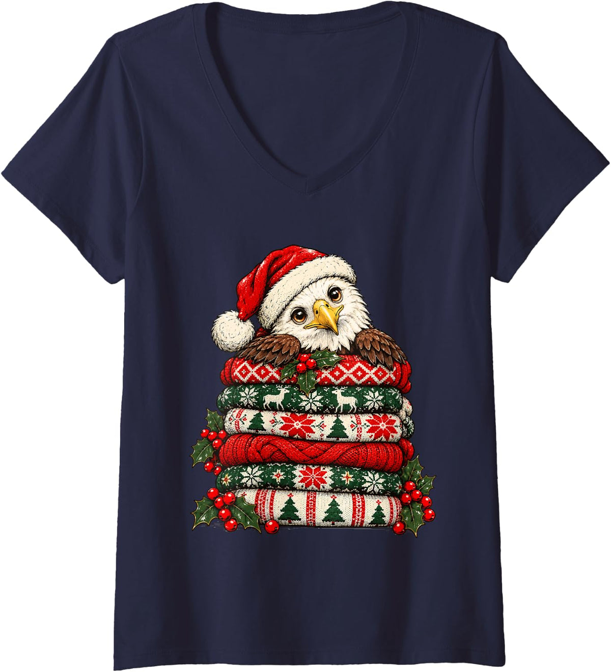 Women's Cozy Christmas Bald Eagle and Festive Sweaters Holly Berries V-Neck T-Shirt - Navy Blue