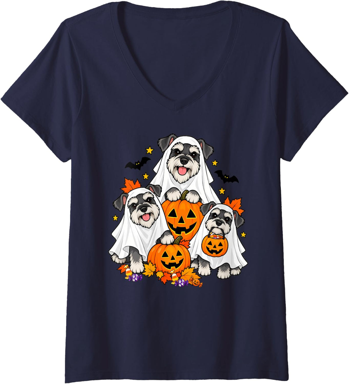 Women's Cute Ghost Miniature Schnauzer Dogs and Pumpkins Halloween V-Neck T-Shirt - Navy Blue