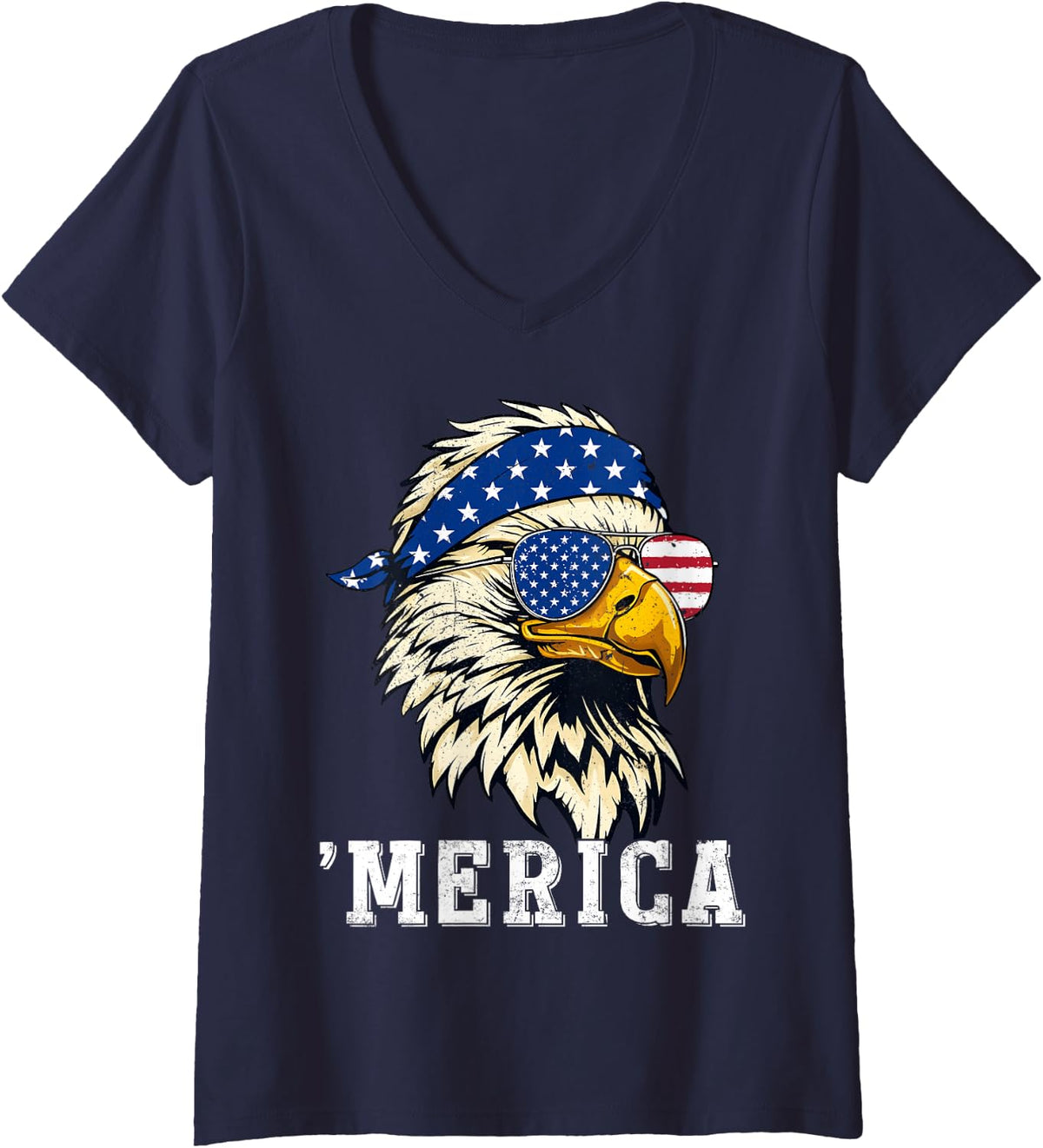 Women's Bald Eagle Merica USA American Flag Patriotic 4th of July V-Neck T-Shirt - Navy Blue