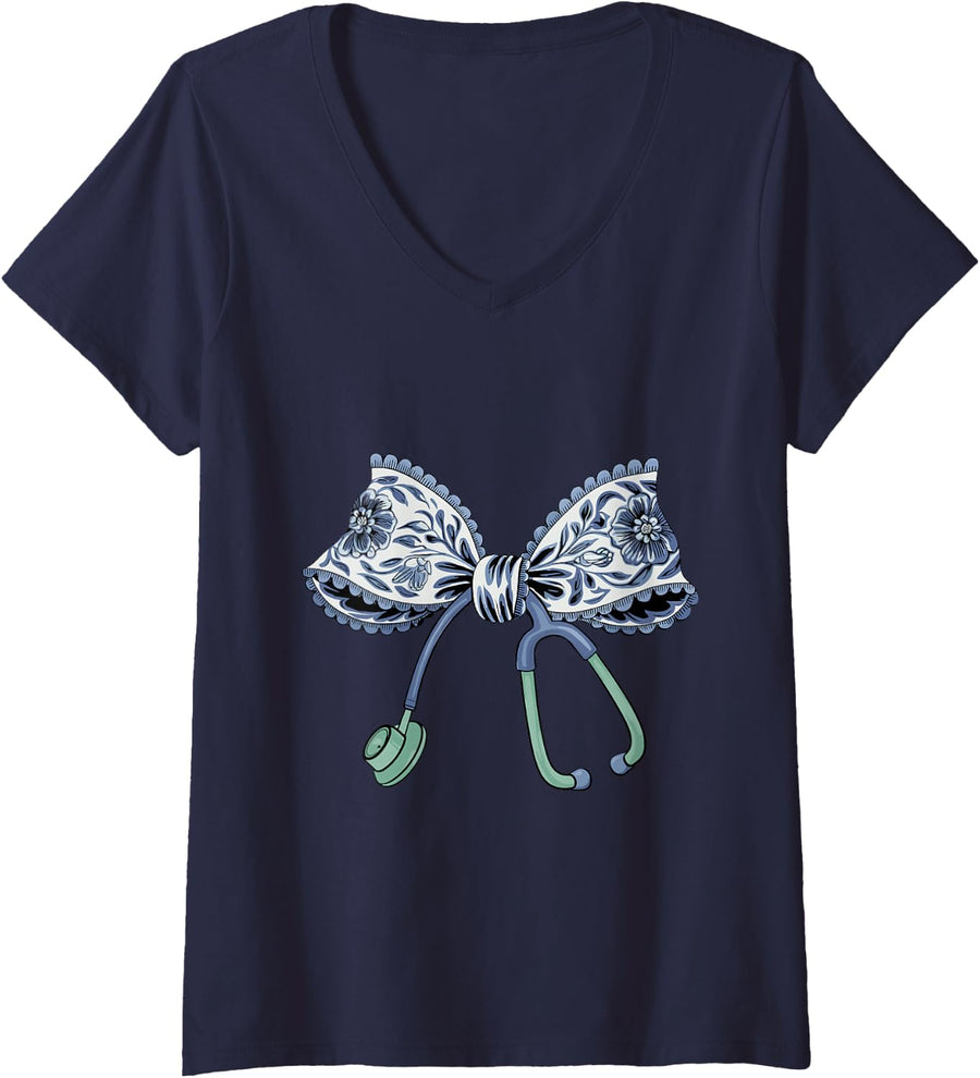 Women's Cute Floral Blue Coquette Bow Stethoscope Nurse Doctor Women V-Neck T-Shirt - Navy Blue