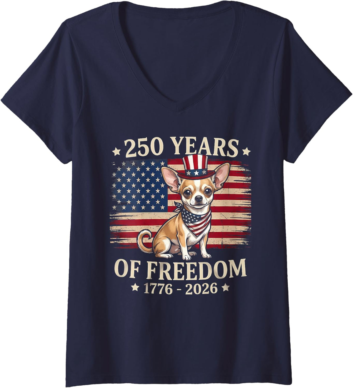 Women's Chihuahua Dog 250 Years of Freedom USA Flag 4th July V-Neck T-Shirt - Navy Blue