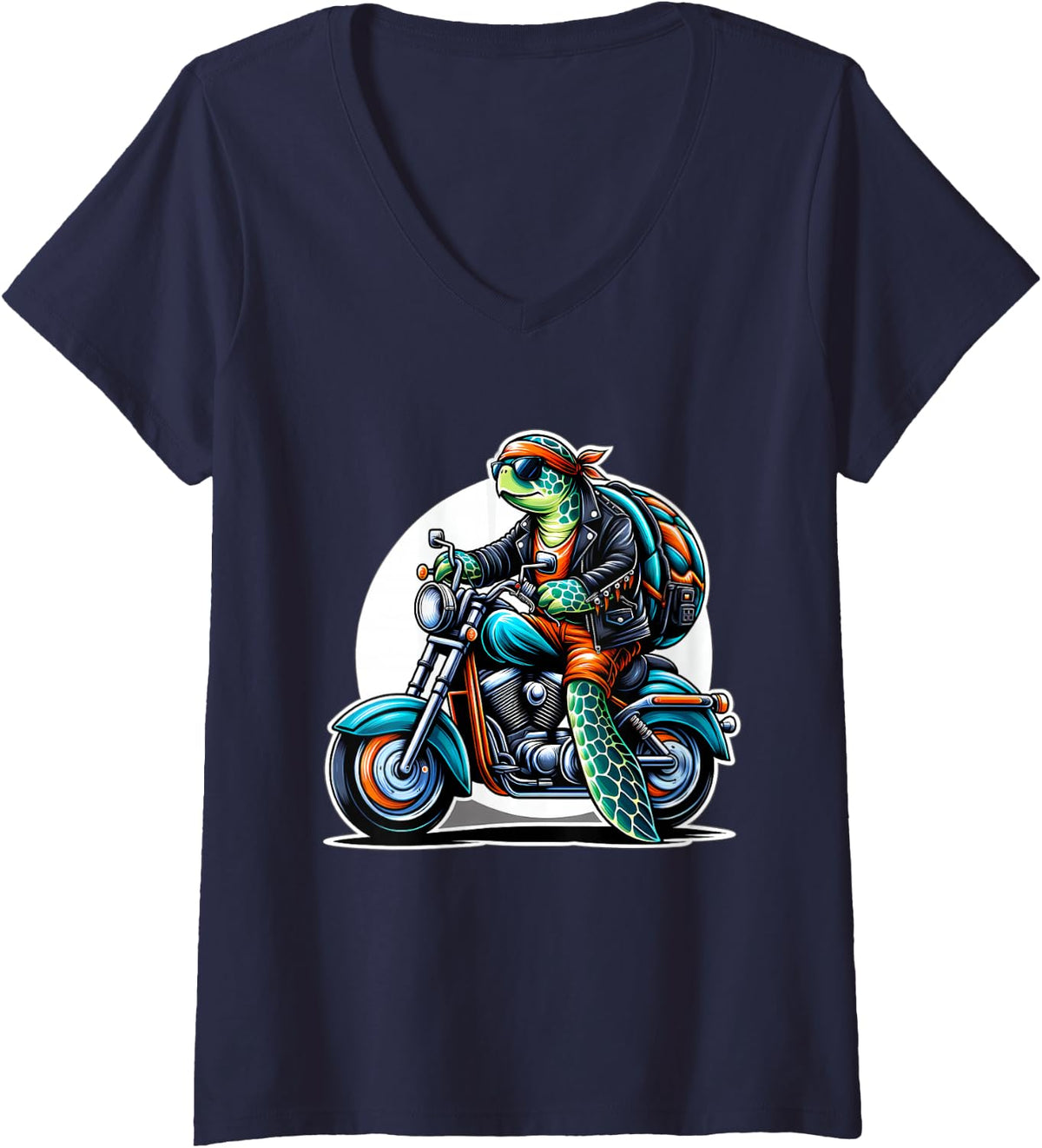 Women's Biker Sea Turtle Riding Motorbike V-Neck T-Shirt - Navy Blue
