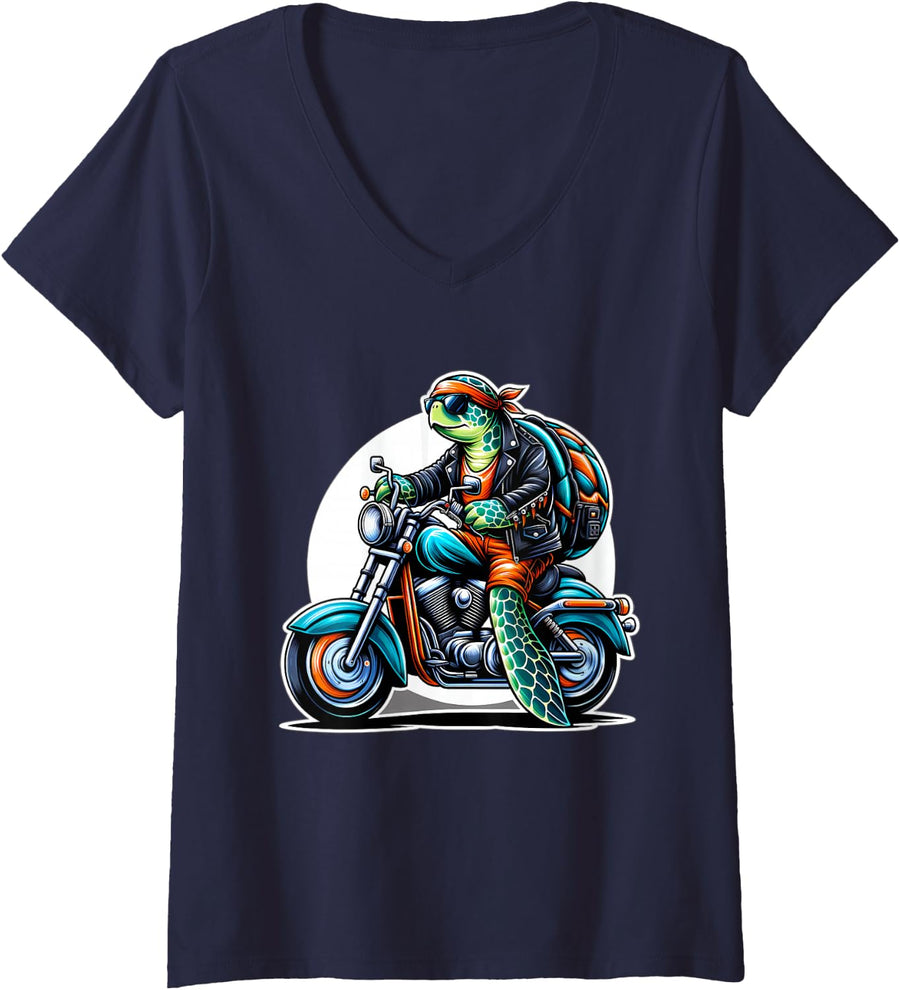 Women's Biker Sea Turtle Riding Motorbike V-Neck T-Shirt - Navy Blue