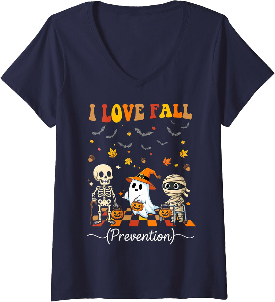 Womens I Love Fall Prevention Physical Therapy Halloween Ghost V-Neck T-Shirt - Navy Blue