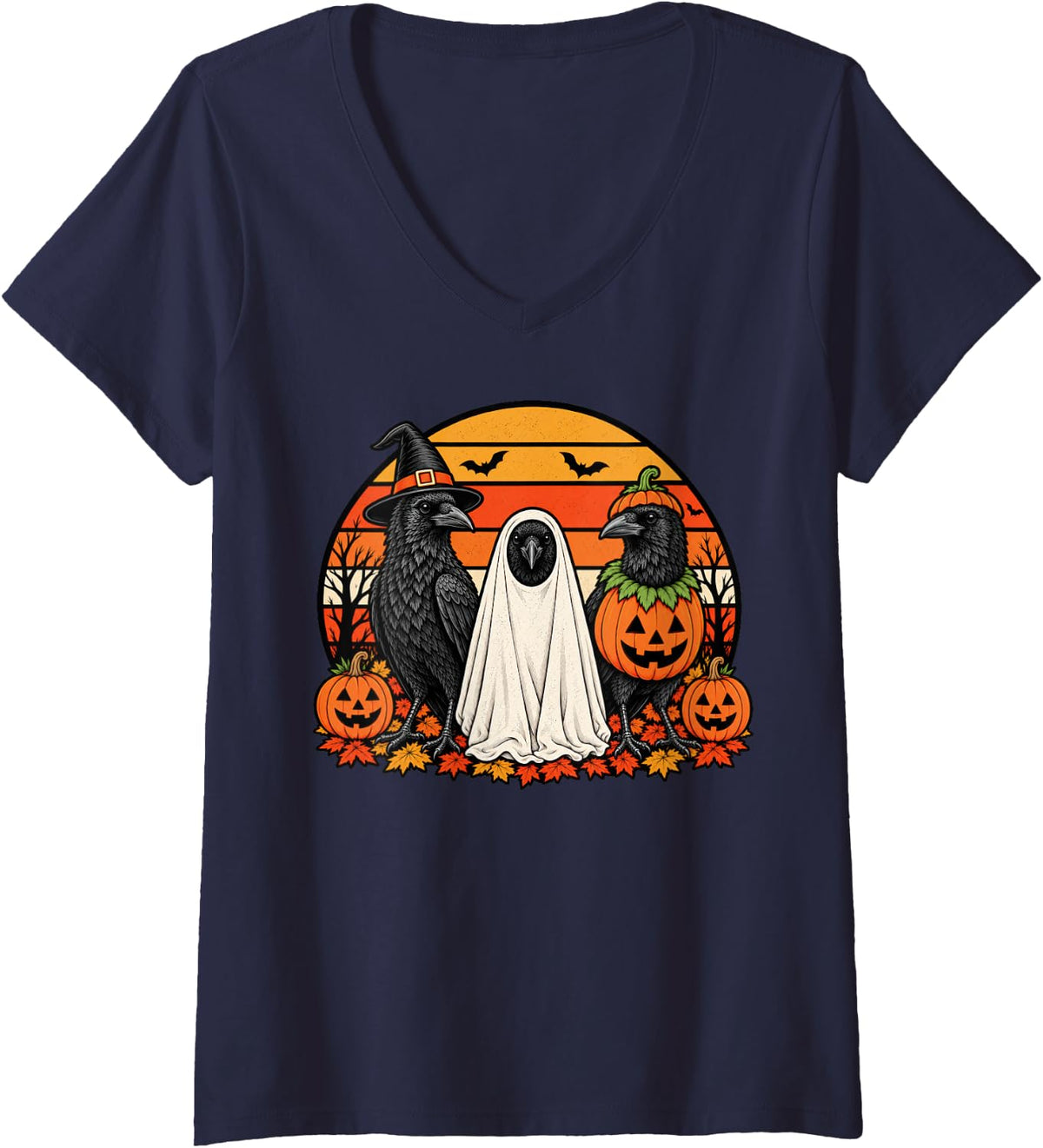 Women's Spooky Crow Pumpkin Ghost Halloween Bird V-Neck T-Shirt - Navy Blue