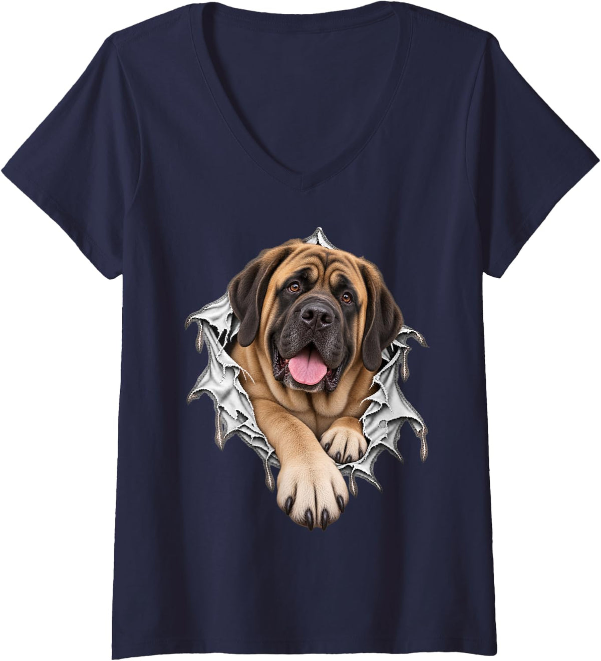 Women's Cute Mastiff Dog Stepping Out from Ripped Design V-Neck T-Shirt - Navy Blue