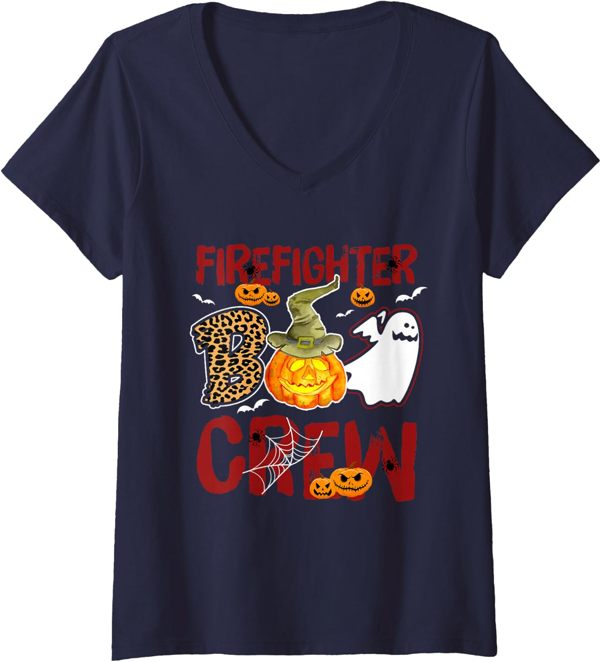 Women's Firefighter Boo Crew Halloween Fireman Match V-Neck T-Shirt - Navy Blue