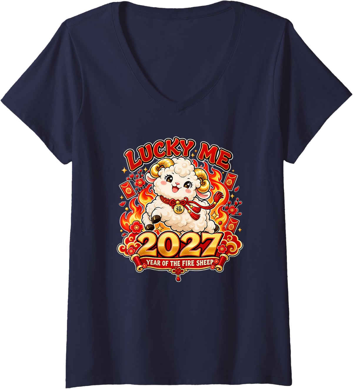 Women's Lucky Me, 2027 Year of the Fire Sheep, Chinese New Year V-Neck T-Shirt - Navy Blue