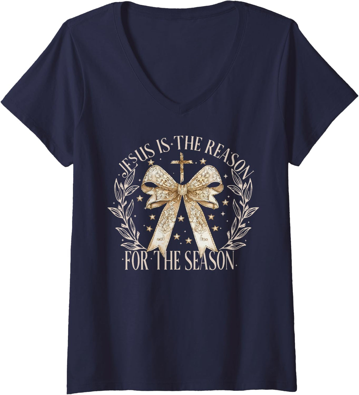 Women's Jesus is The Reason for The Season Christmas Coquette Bow V-Neck T-Shirt - Navy Blue