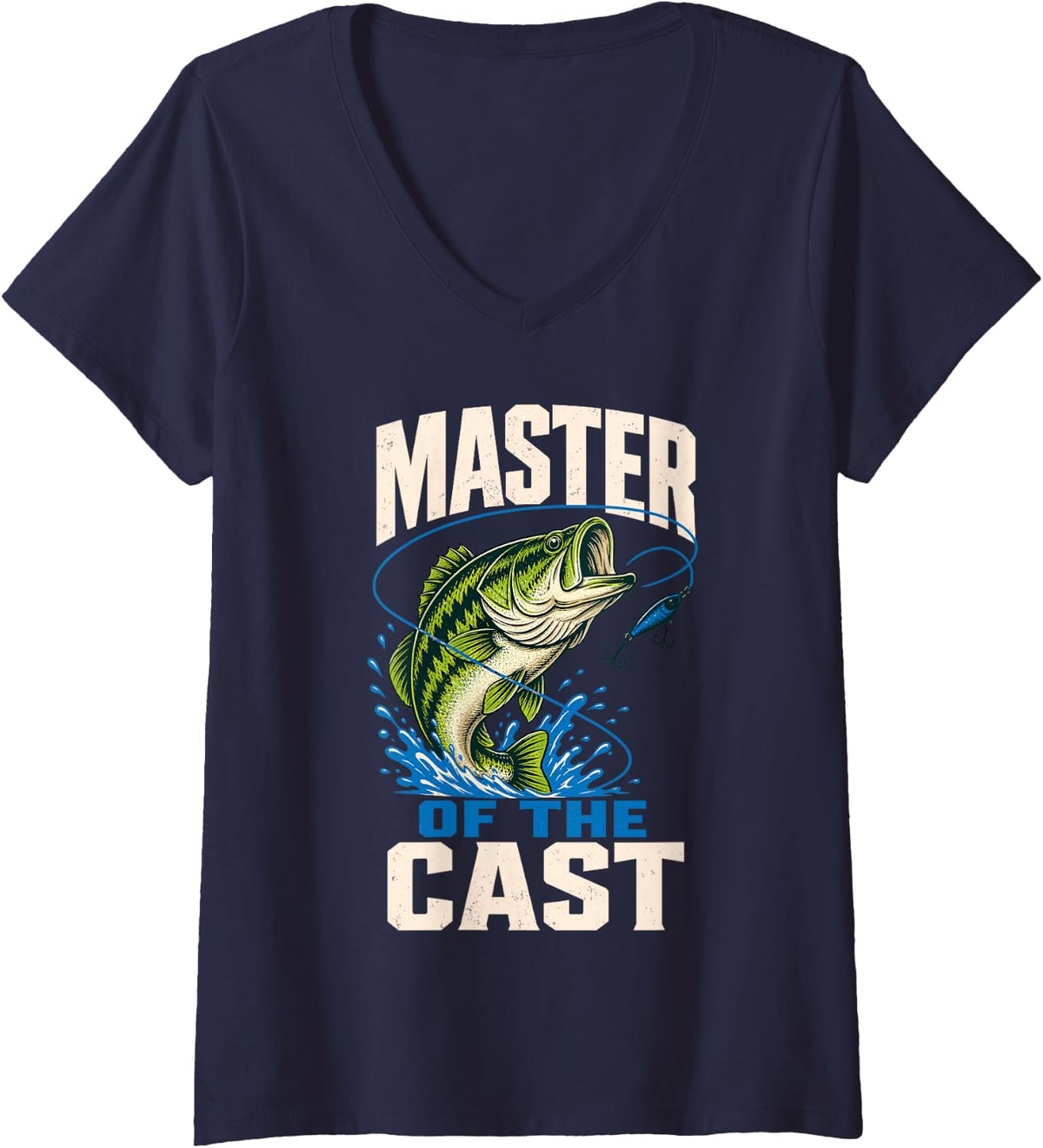 Women's Master of The Cast Bass Fishing Lure V-Neck T-Shirt - Navy Blue