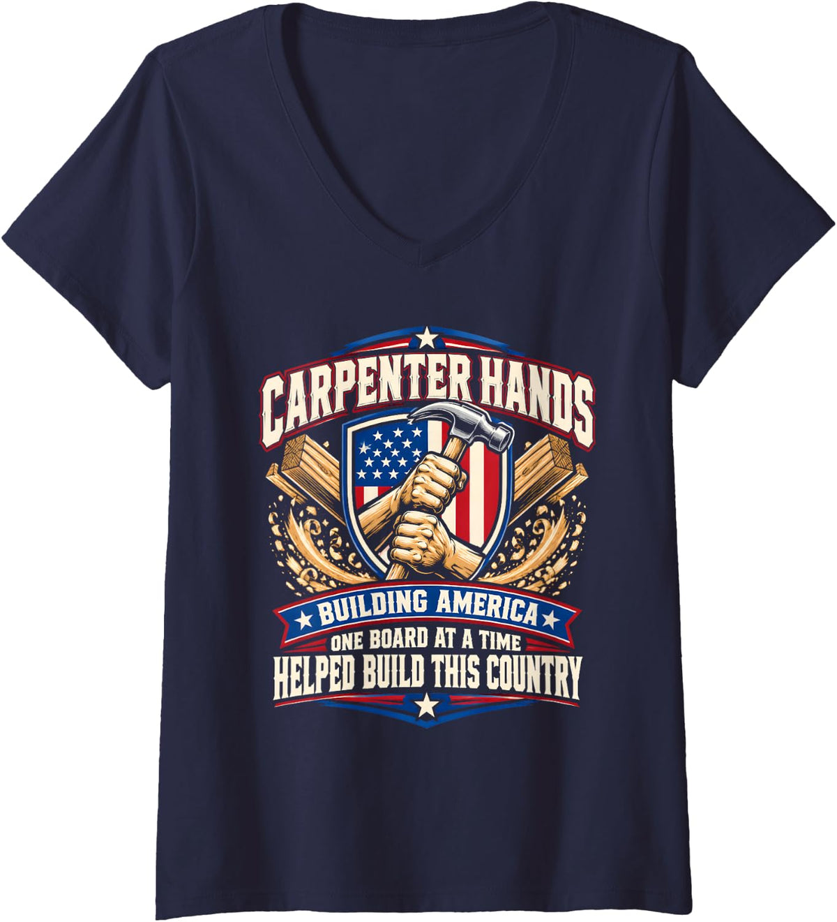 Women's Proud Carpenter Amcerican Flag Carpenter V-Neck T-Shirt - Navy Blue