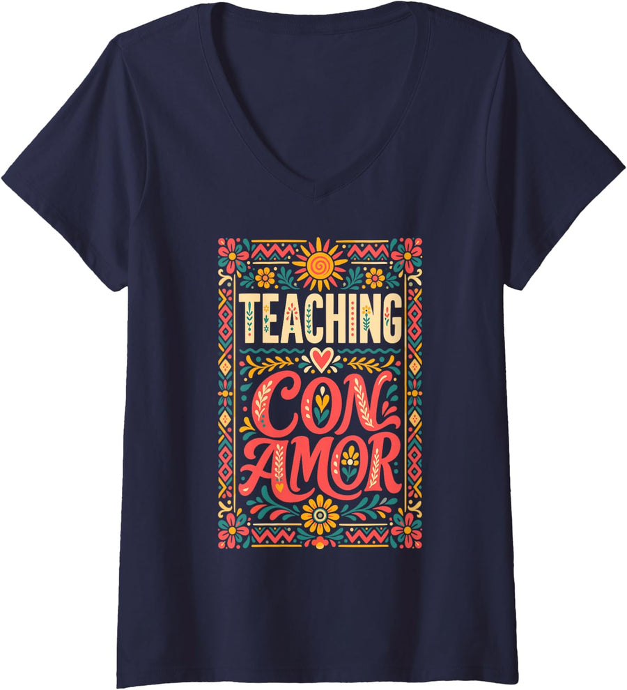 Women's Bilingual Teacher Teaching Con Amor Spanish Folk Sun V-Neck T-Shirt - Navy Blue