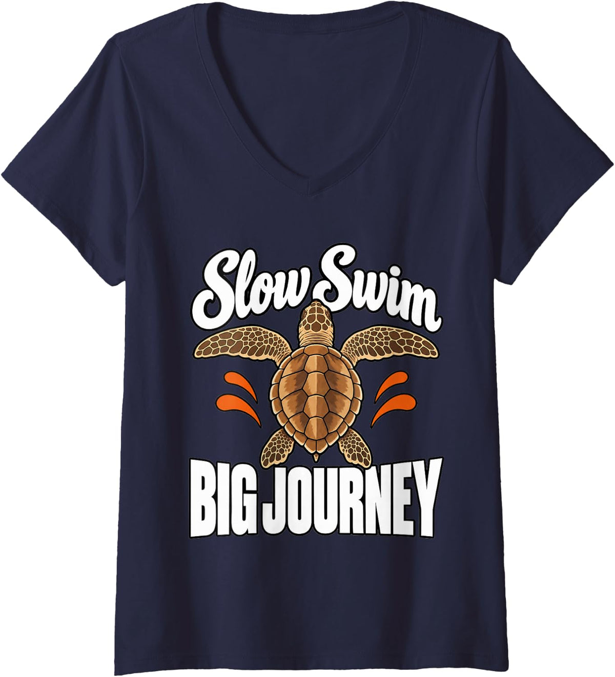 Women's Sea Turtle Slow Swim Big Journey Marine Biologist Fans V-Neck T-Shirt - Navy Blue