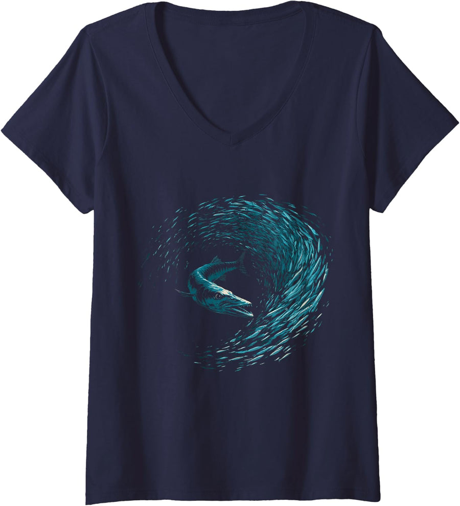 Women's Barracuda Fishing Scuba Diving Saltwater Fisherman Fish V-Neck T-Shirt - Navy Blue