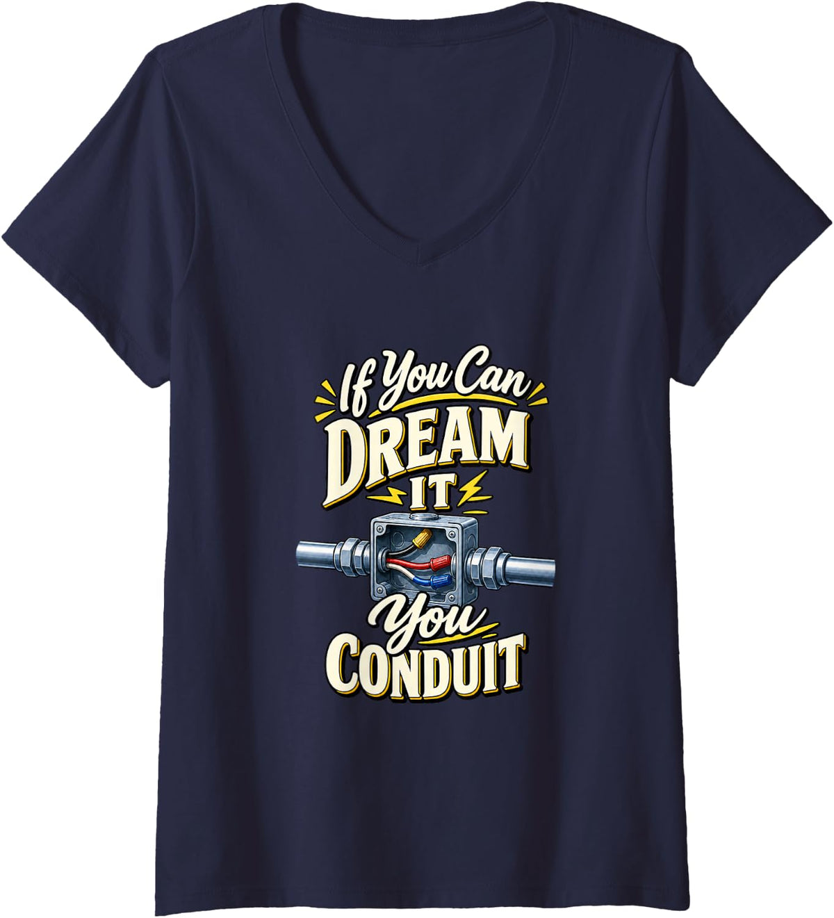 Women's Electrician Humor Electrical Conduit Tradesman V-Neck T-Shirt - Navy Blue