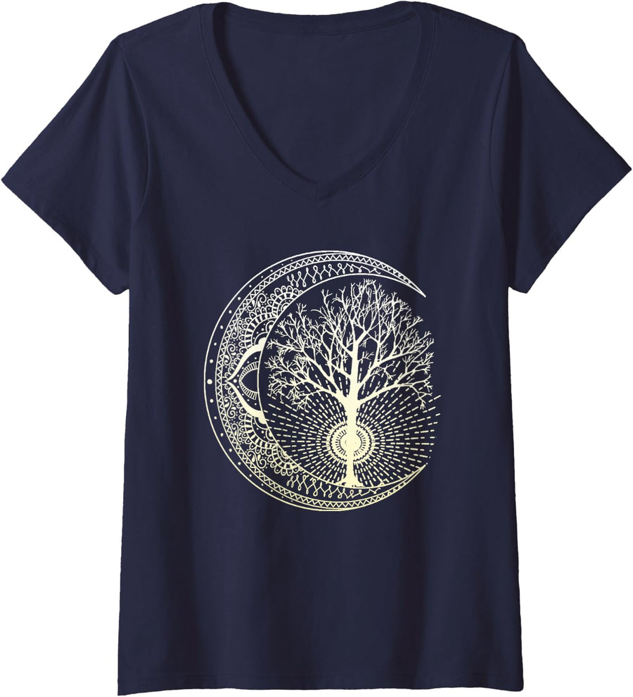 Women's Mandala Moon Tree of Life Tattoo Style V-Neck T-Shirt - Navy Blue