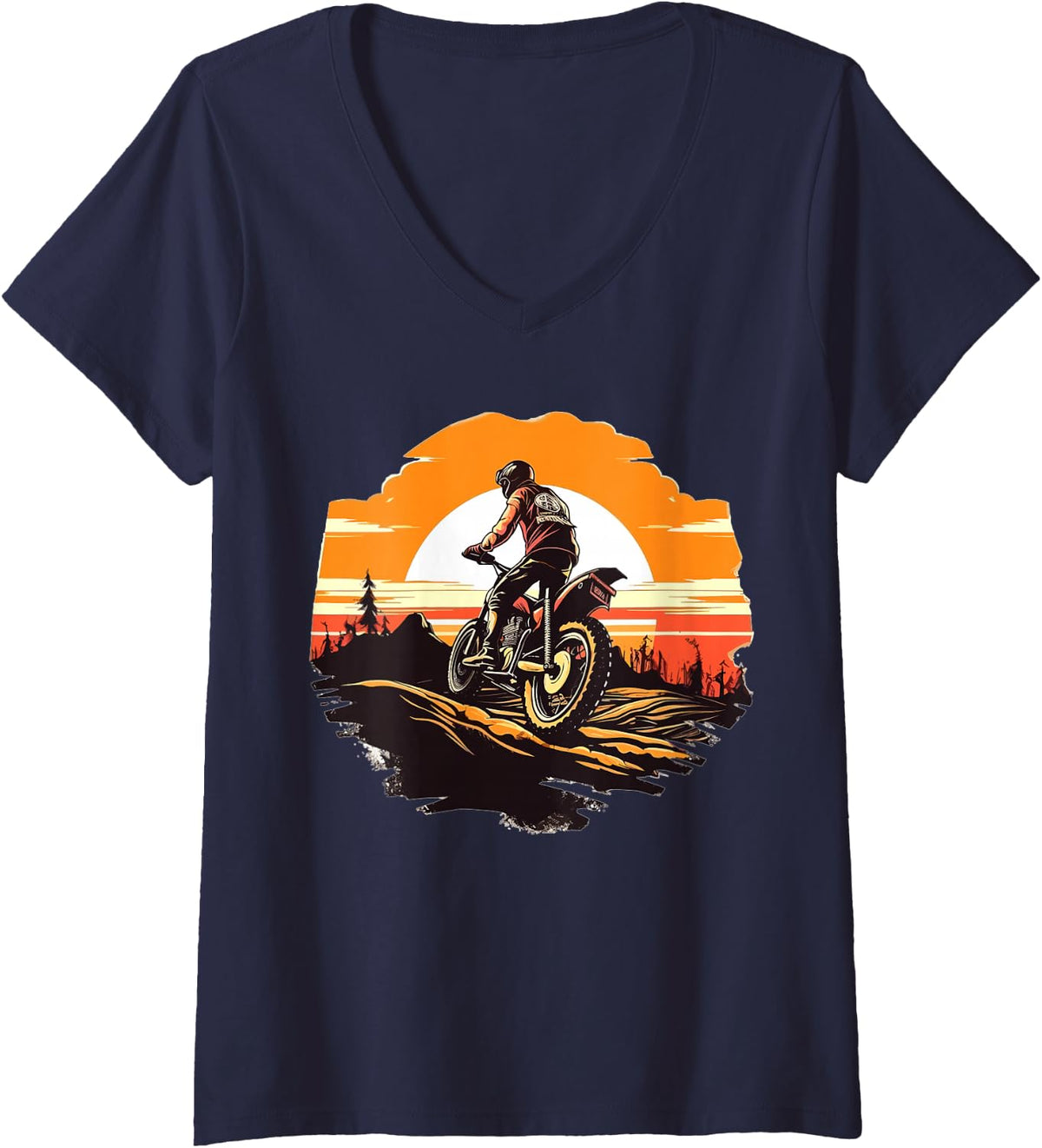 Women's Dirt Bike Sunset Dirt Bike Riding Road Dirt Biker Motorcycle V-Neck T-Shirt - Navy Blue