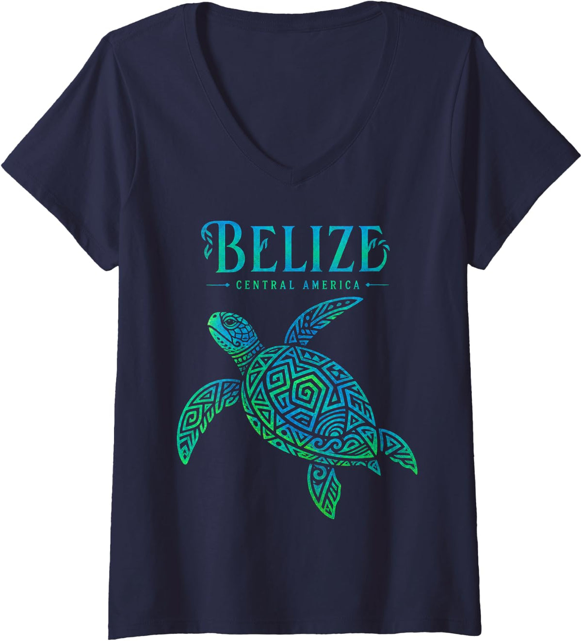 Women's Ornate Sea Turtle Belize Central America Art V-Neck T-Shirt - Navy Blue