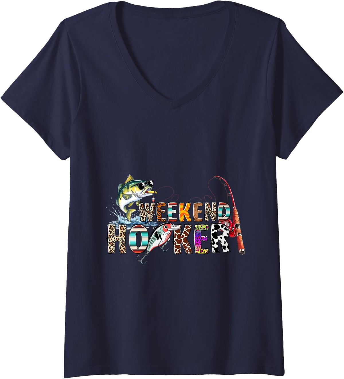 Women's Bass Fishing Angler Adventure Vintage Outdoor Weekend Hooker V-Neck T-Shirt - Navy Blue