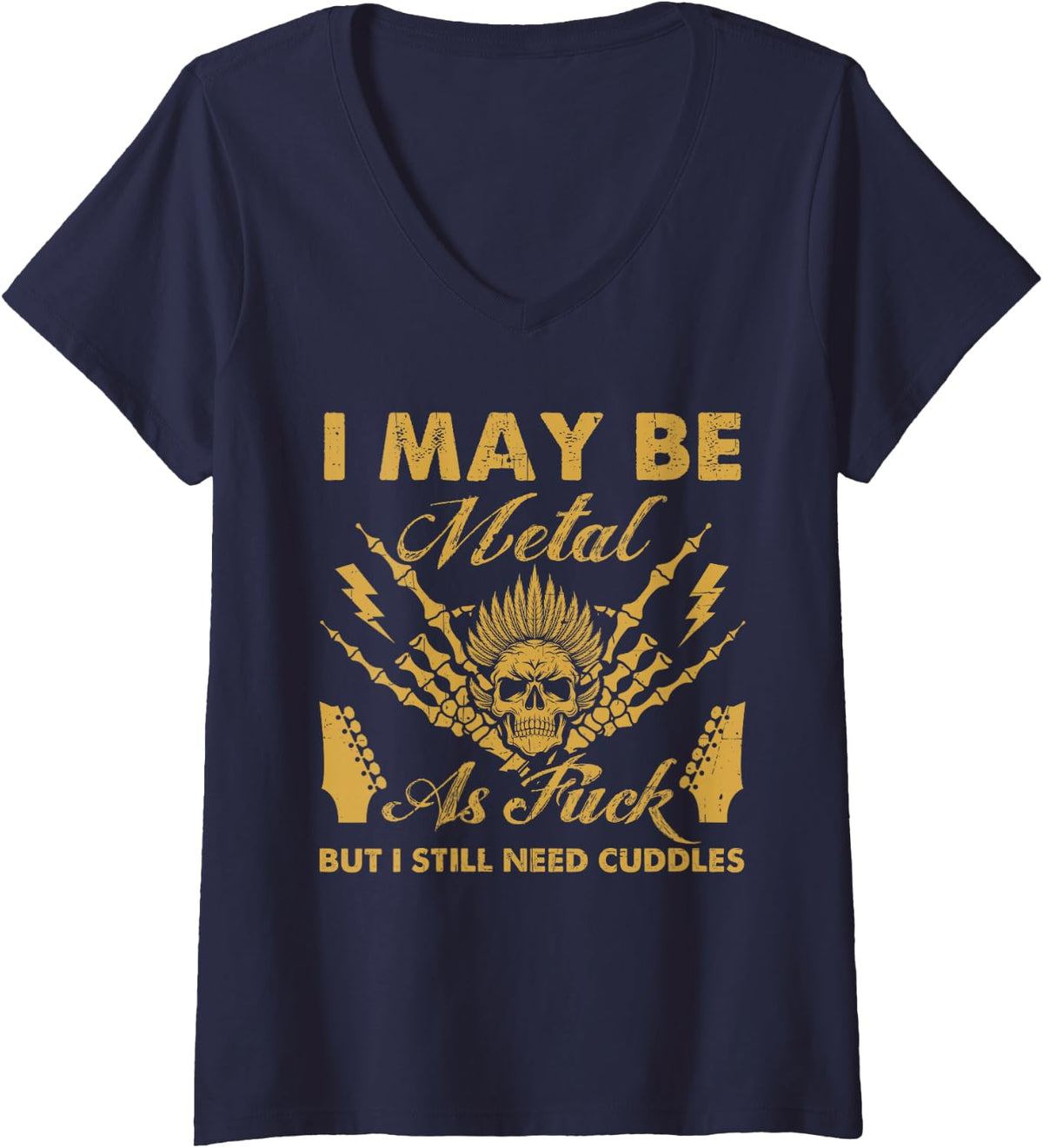 Women's Heavy Metal Cuddles Funny Metalhead Rock Music Humor V-Neck T-Shirt - Navy Blue