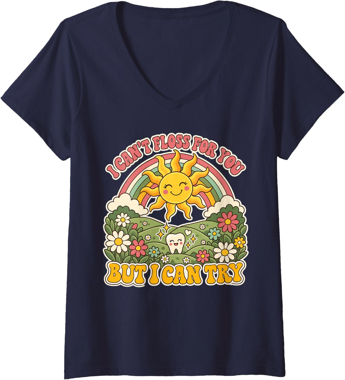 Women's Cute Dental Hygienist I Can't Floss for You V-Neck T-Shirt - Navy Blue