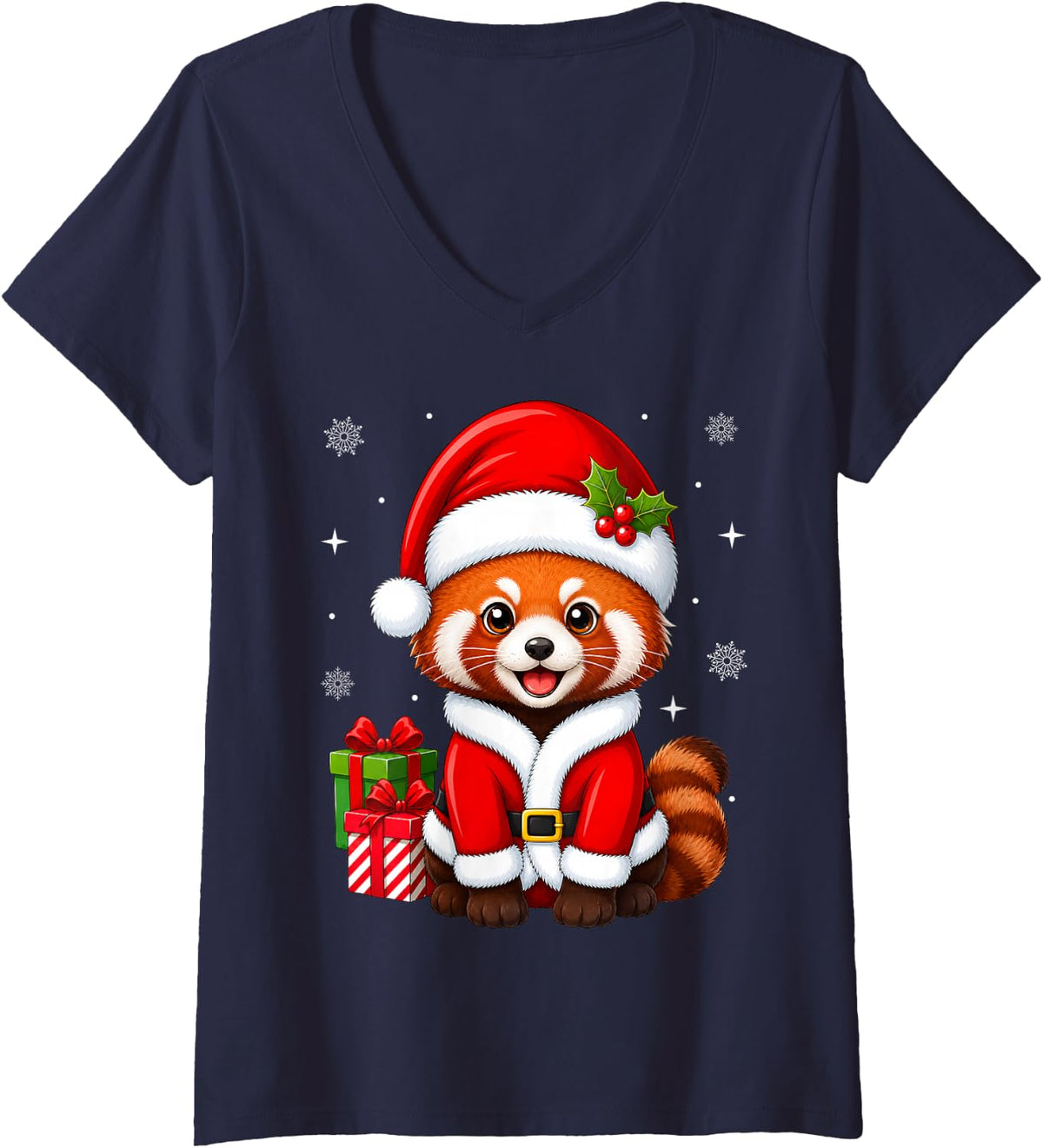 Women's Red Panda in Christmas Santa Costume Cute Festive Cheer Xmas V-Neck T-Shirt - Navy Blue