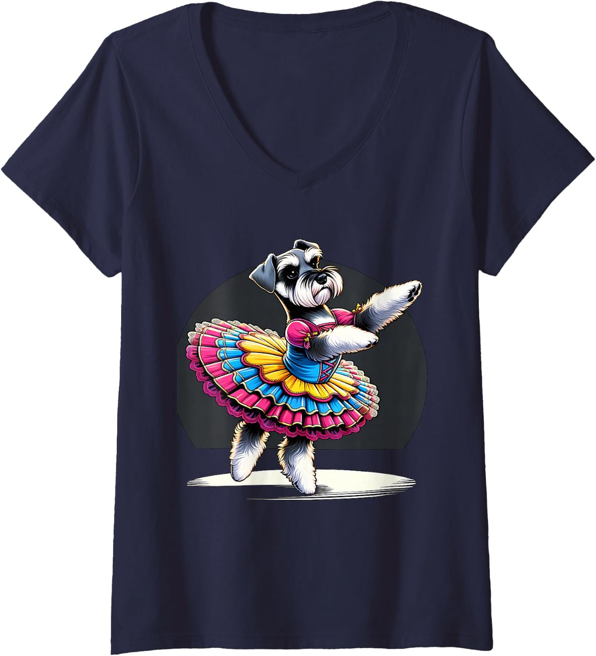 Women's Ballerina Miniature Schnauzer Dog Dancing V-Neck T-Shirt - Navy Blue