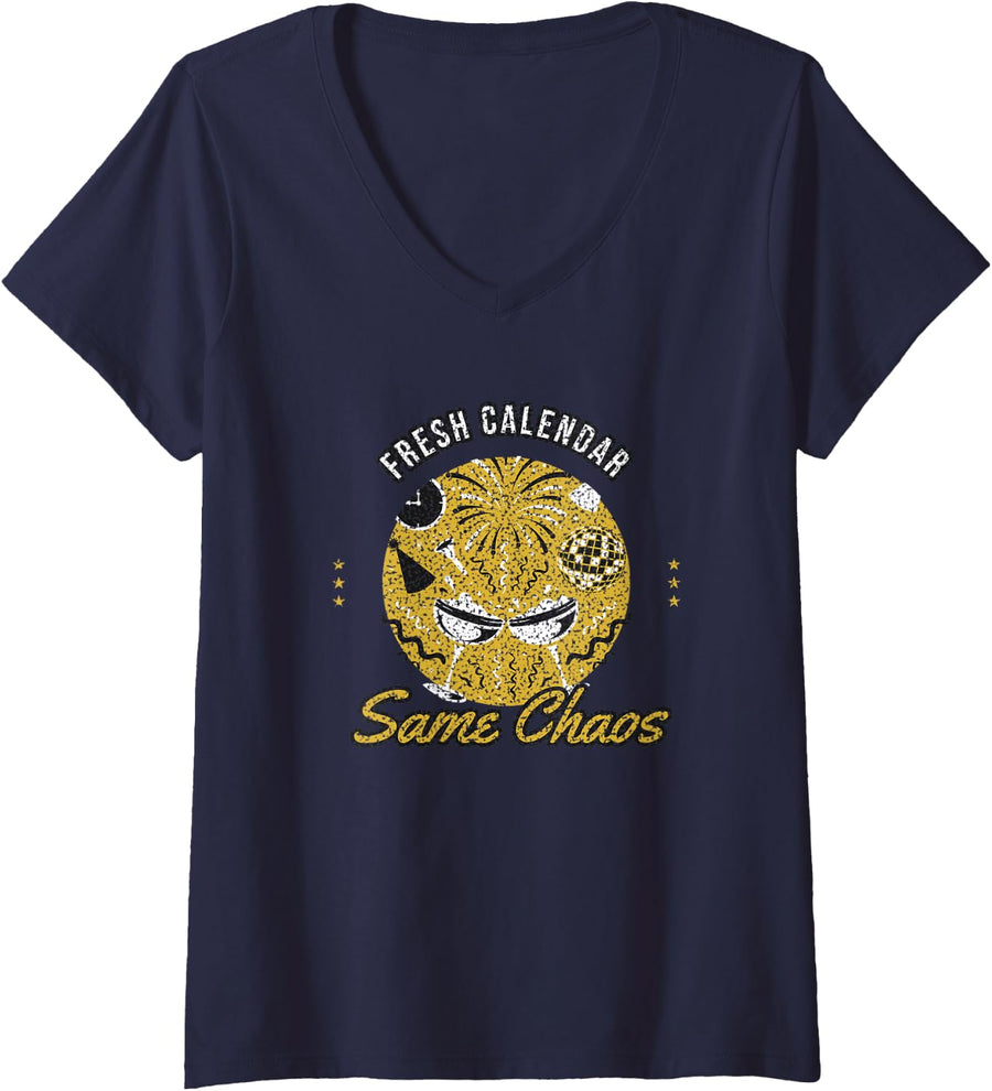 Women's New Year's Eve Party - Fresh Calendar Same Chaos V-Neck T-Shirt - Navy Blue
