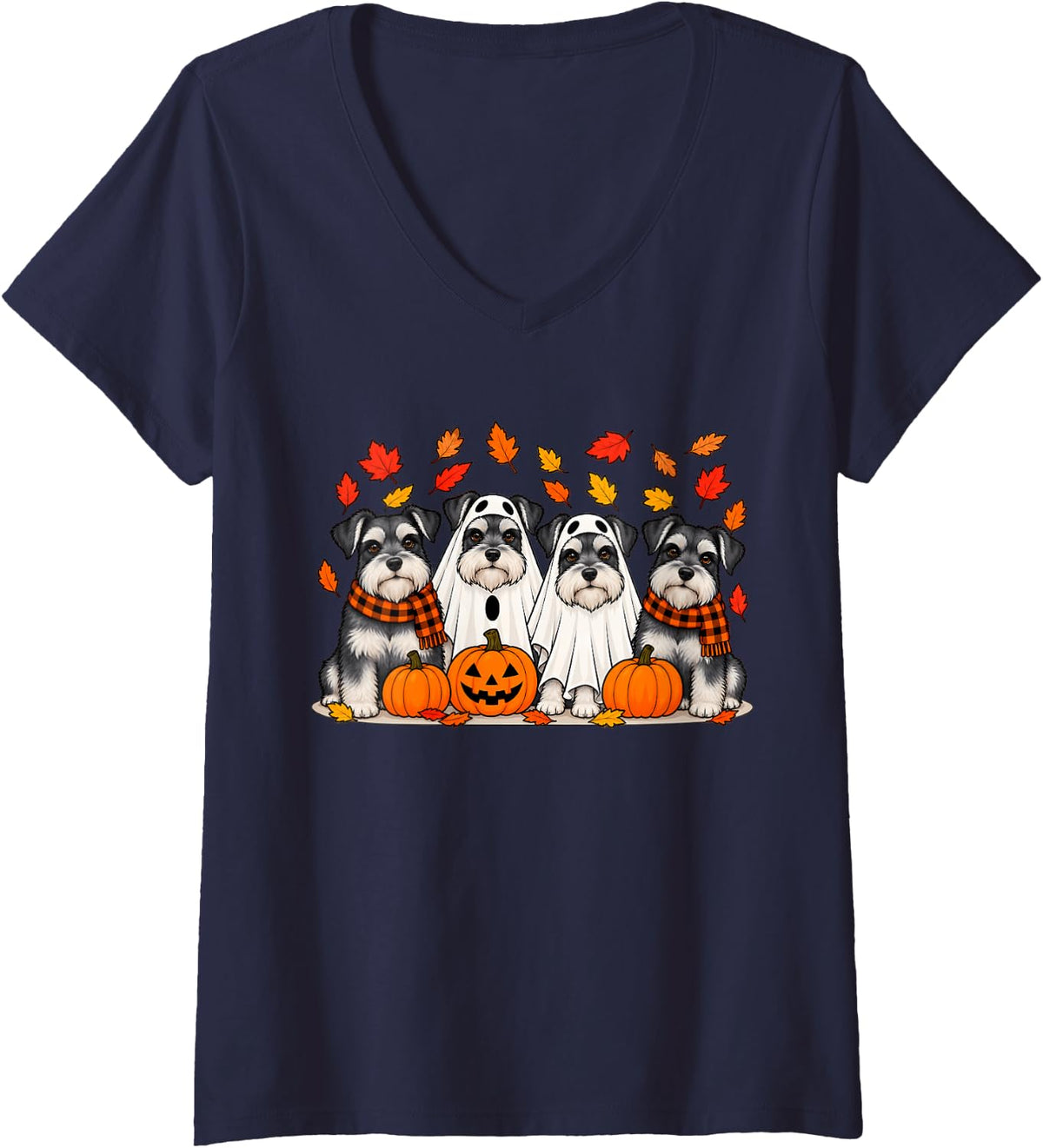 Women's Miniature Schnauzer Ghost Fall Autumn Thanksgiving Halloween V-Neck T-Shirt - Navy Blue