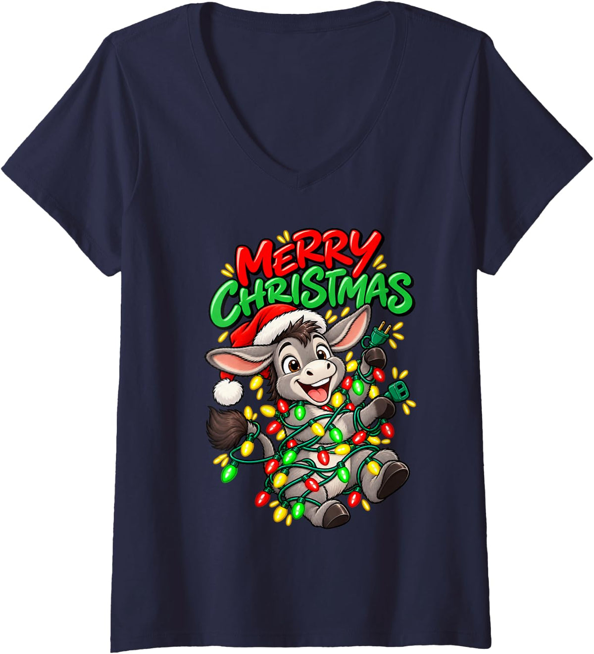 Women's Merry Christmas Happy Donkey Cute Christmas Lights V-Neck T-Shirt - Navy Blue