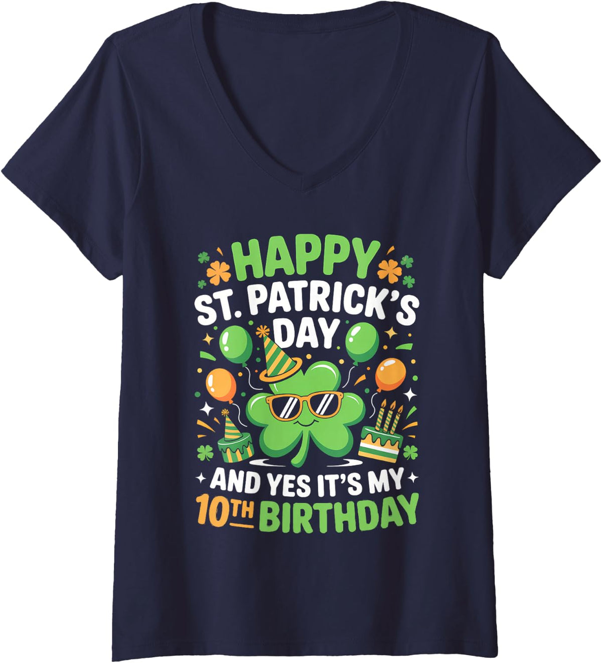Women's Happy St Patrick's Day 2026 Yes It's My 10th Birthday Kids V-Neck T-Shirt - Navy Blue