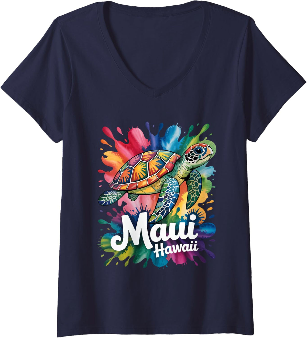 Women's Maui Hawaii Sea Turtle Paint Splatter Souvenir Art V-Neck T-Shirt - Navy Blue