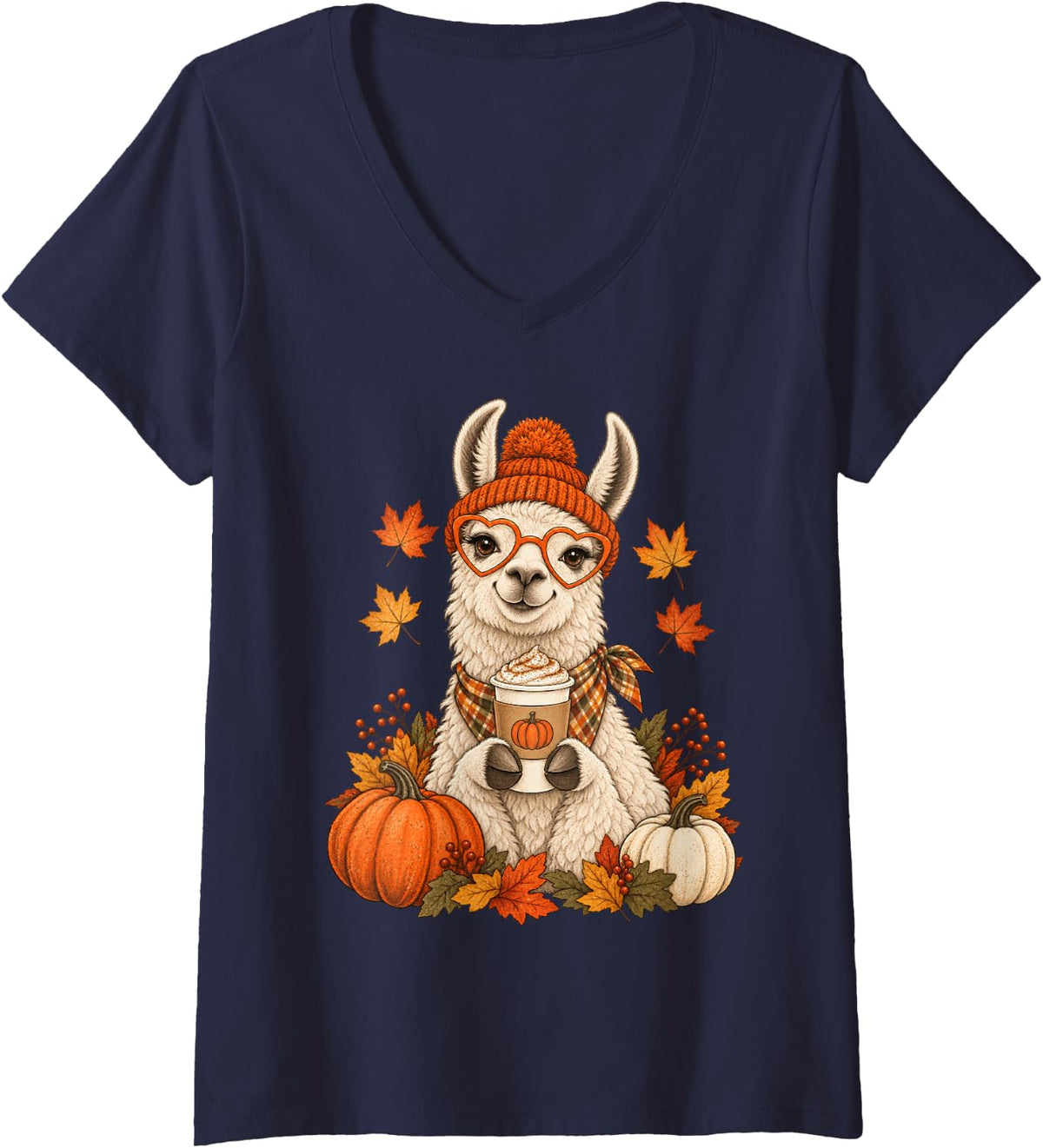Women's Llama Fall Autumn Season Pumpkin Spice V-Neck T-Shirt - Navy Blue