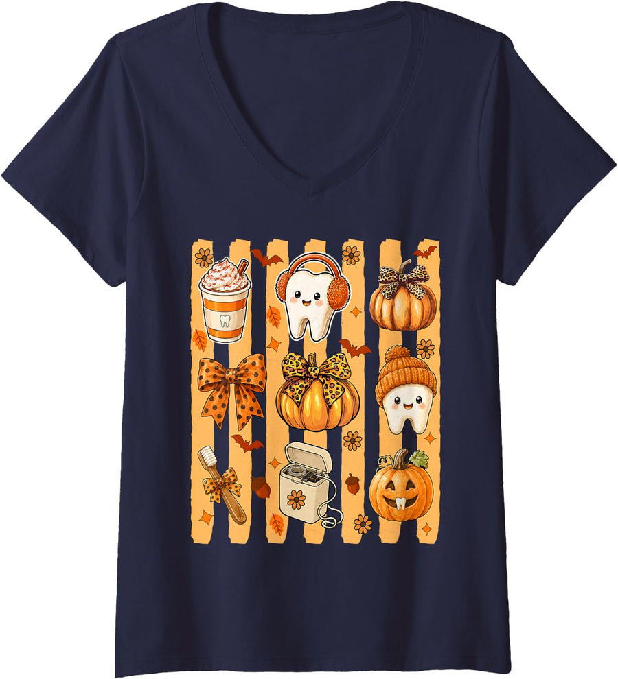 Women's Bow Fall Dental Halloween Tooth Pumpkin Dentist Hygienist V-Neck T-Shirt - Navy Blue