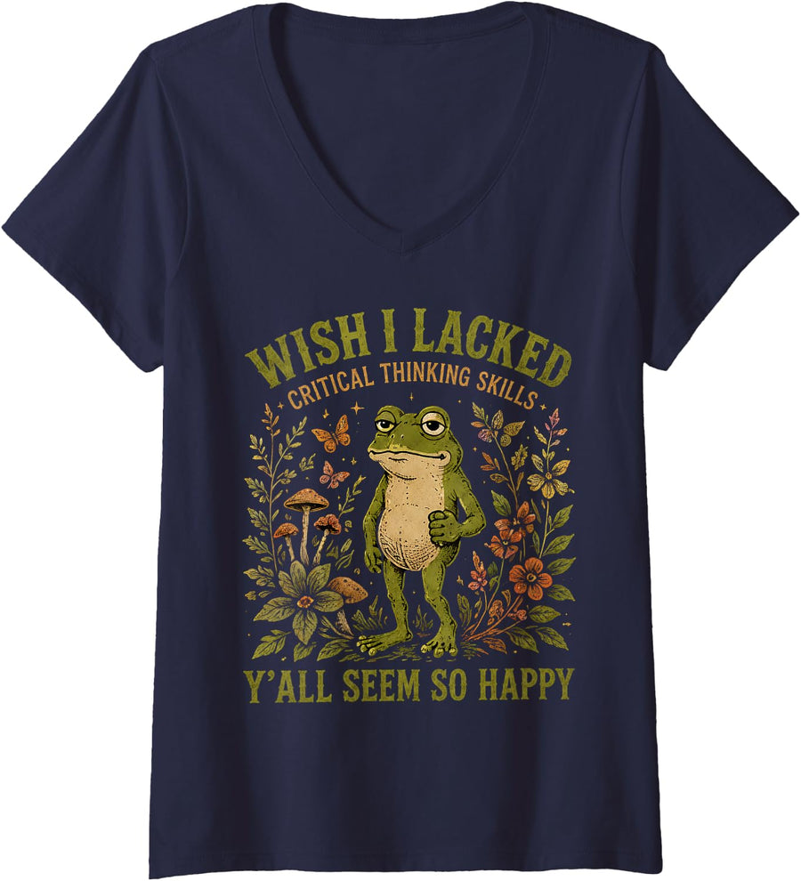 Women's Wish I Lacked Critical Thinking Skills Funny Garden Frog V-Neck T-Shirt - Navy Blue