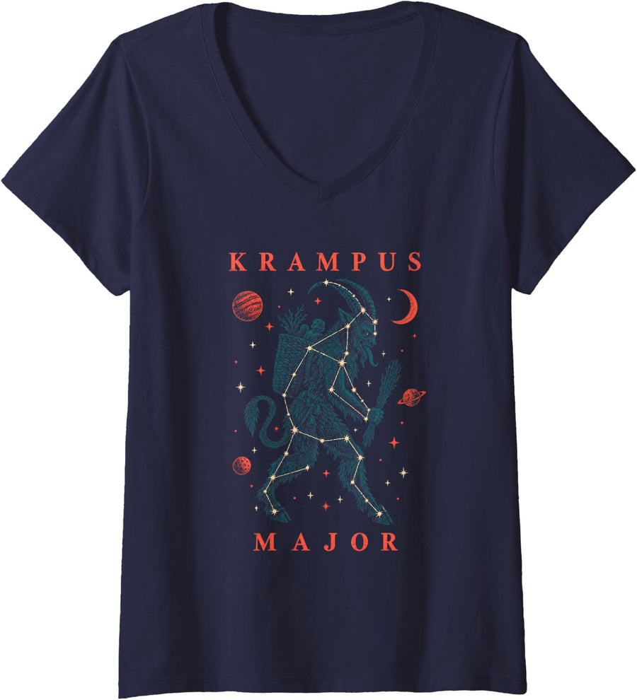 Women's Krampus Major Constellation Star Chart Celestial Christmas V-Neck T-Shirt - Navy Blue