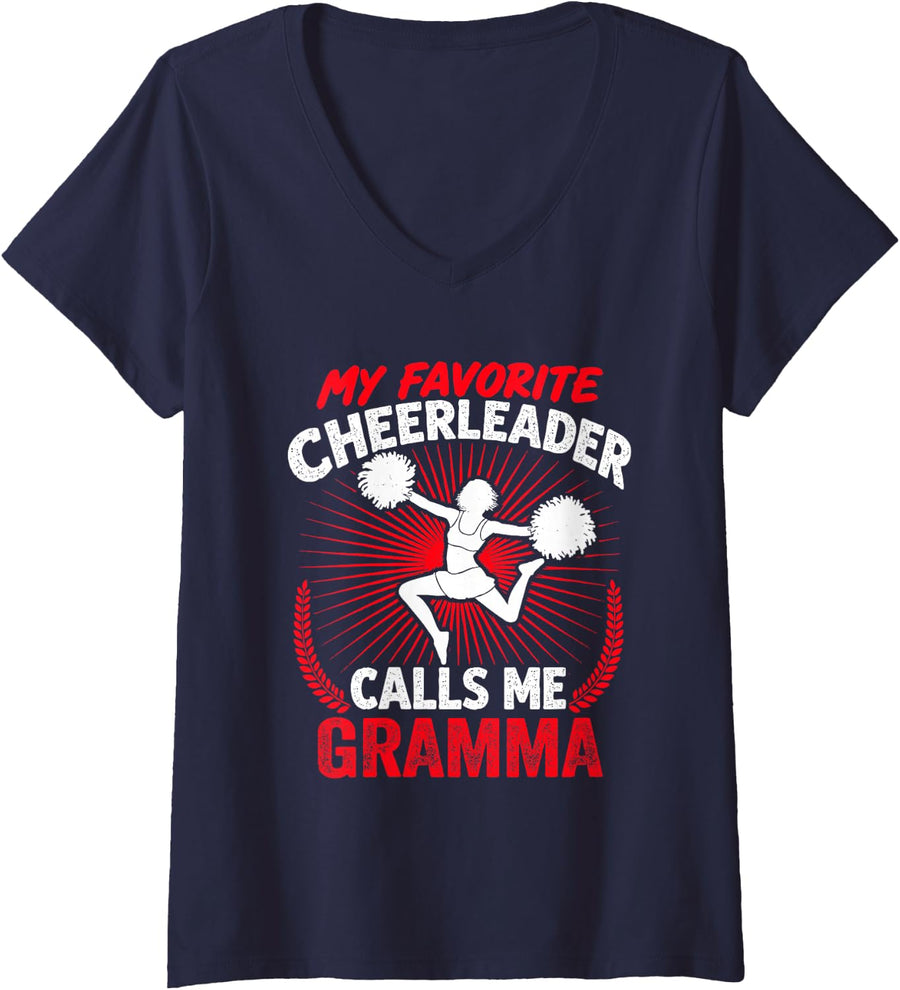 Women's Cheerleading My Favorite Cheerleader Calls Me Gramma Cheer V-Neck T-Shirt - Navy Blue