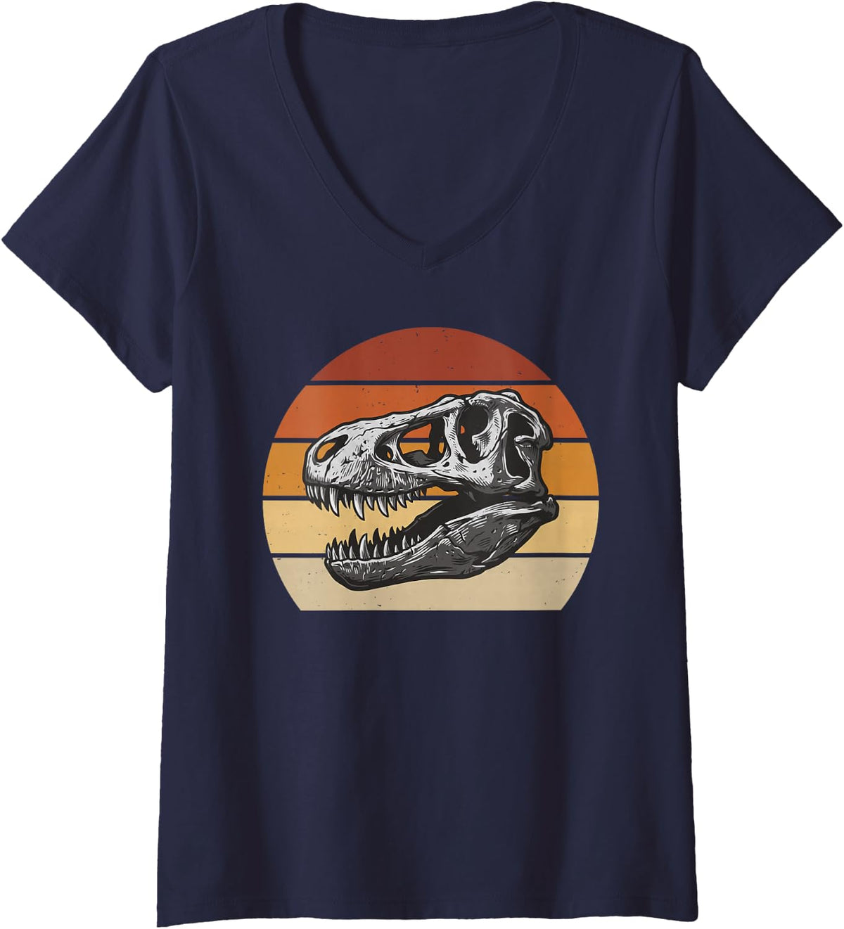 Women's Dinosaur Fossils Tyrannosaurus Rex Skull Retro Paleontology V-Neck T-Shirt - Navy Blue