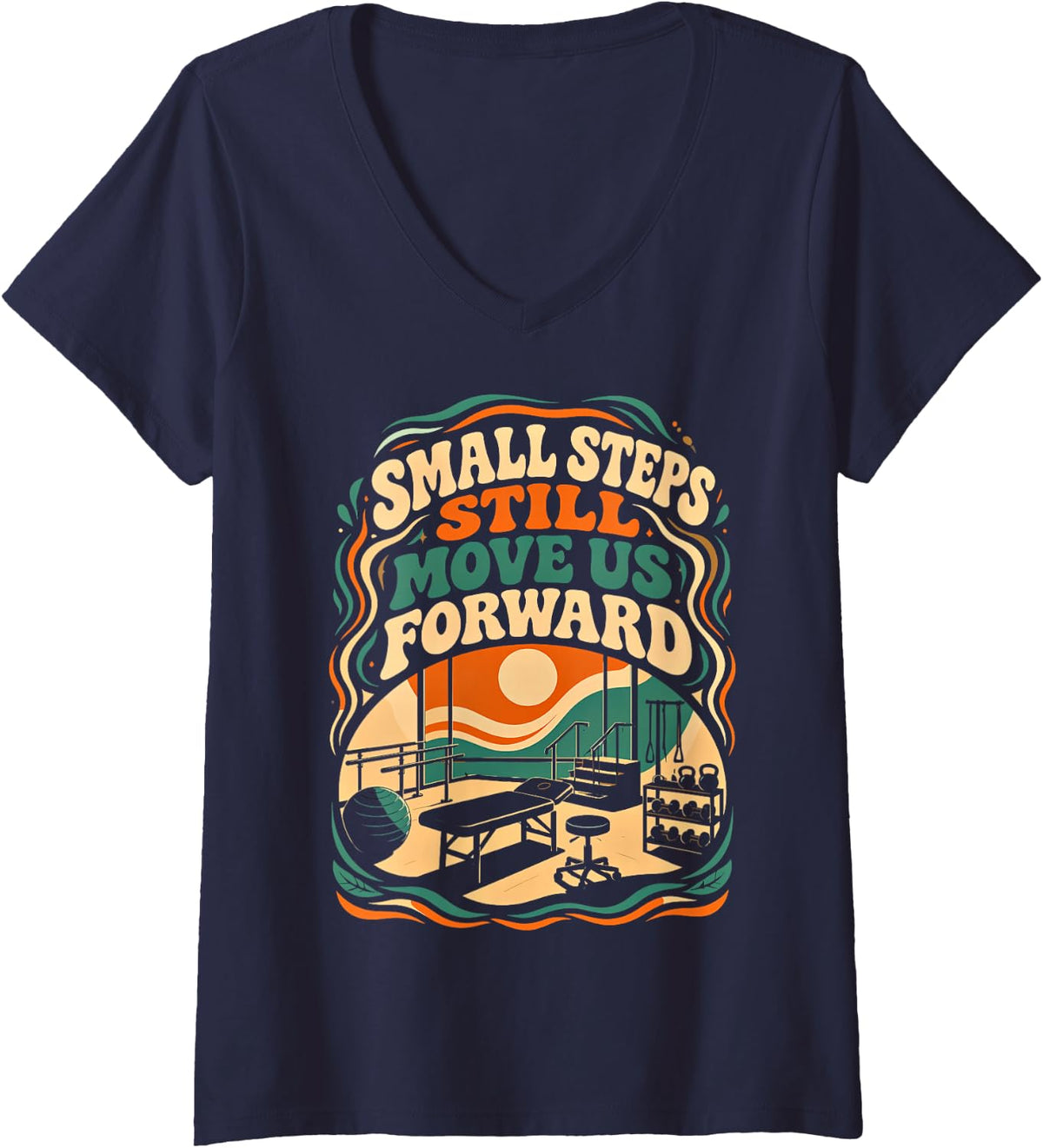 Women's Small Steps Still Move Us Forward PT PTA Physical Therapy V-Neck T-Shirt - Navy Blue