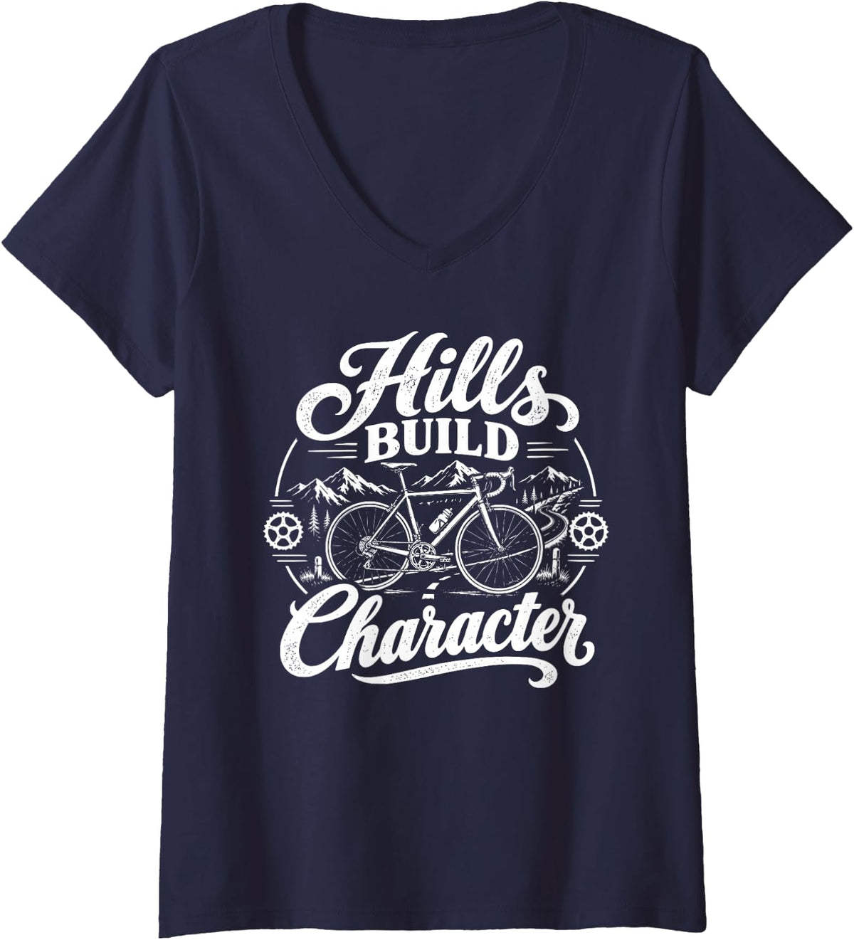 Women's Bike & Biking, Hills Build Character V-Neck T-Shirt - Navy Blue