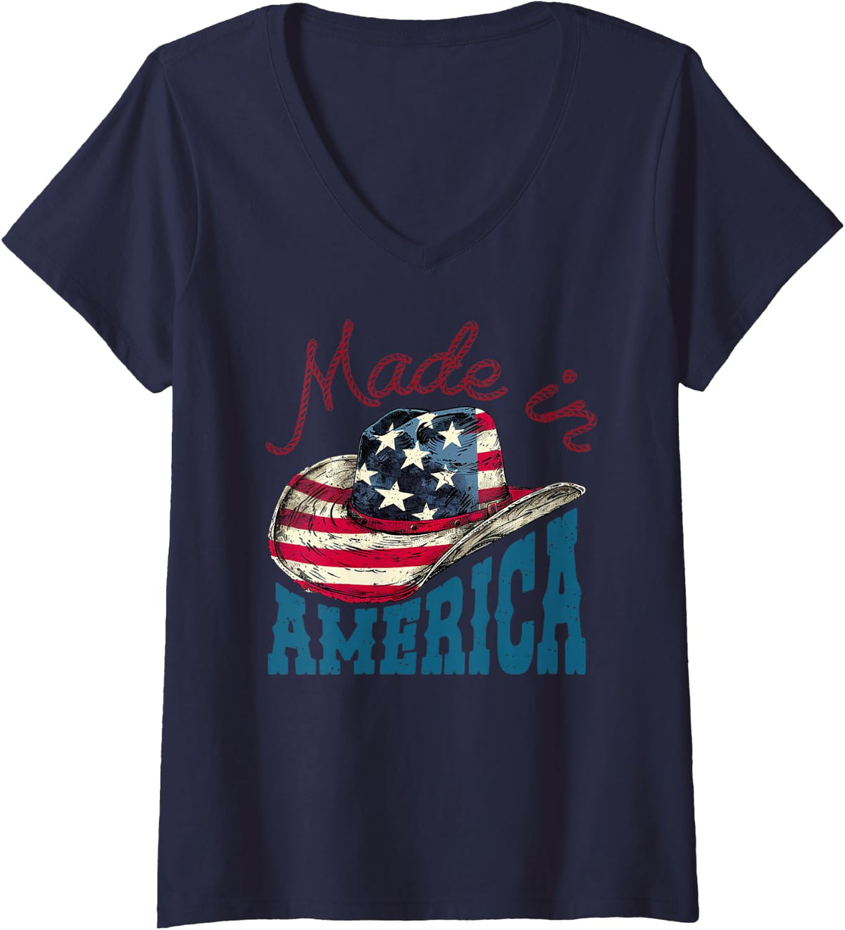 Women's America USA Flag Cowboy Hat 4th of July Patriotic Freedom V-Neck T-Shirt - Navy Blue